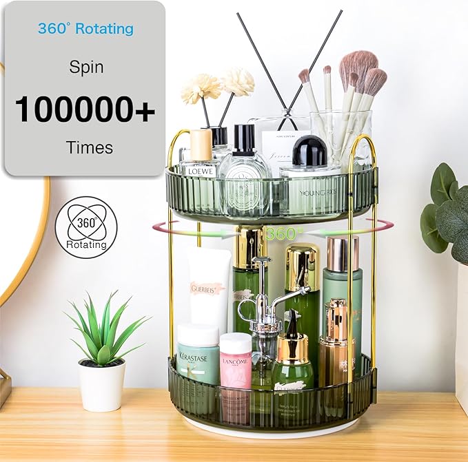 Niluks 360 Rotating Makeup Organizer, 2 Tier Lazy Susan Bathroom Counter Organizer, Skincare Organizers, Spinning Perfume Organizer & Vanity Organizer Countertop (Gem Green, 2 Tier)