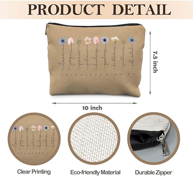 Likjad Christian Gifts Makeup Bag, Floral Christian Cosmetic Bags for Women, Galatians 5:22-23 Bible Verse Makeup Pouch, Faith Based Gifts Zipper Pouch(pale brown)