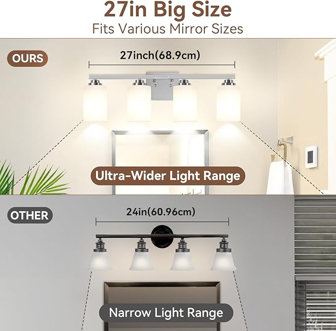 VerRon 4-Light Brushed Nickel Bathroom Light Fixtures Over Mirror 27 Inches