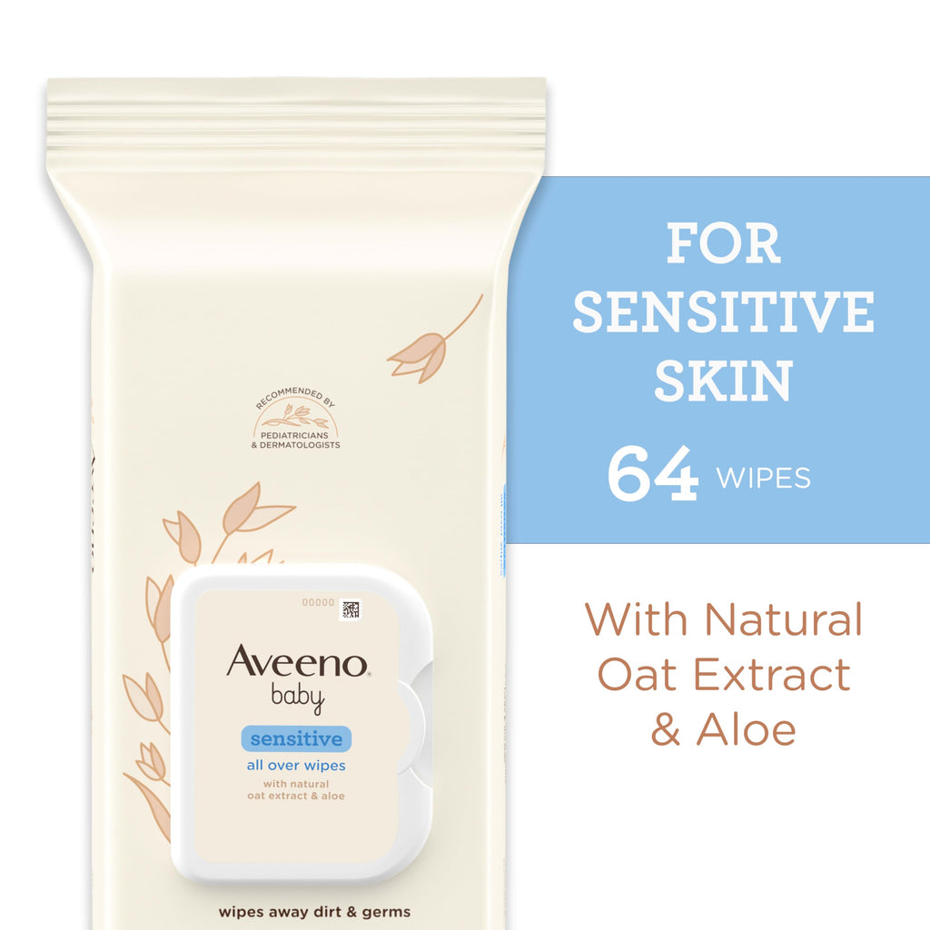 Aveeno Baby Sensitive All Over Wipes, Fragrance Free, 64 ct (Pack of 3)