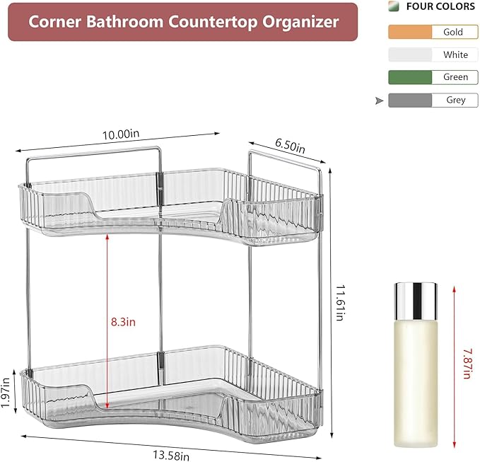 Weidace 2 Tier Corner Bathroom Counter Organizer Bathroom Countertop Shelf Makeup Organizer for Vanity Perfume Tray for Corner Storage (Grey)