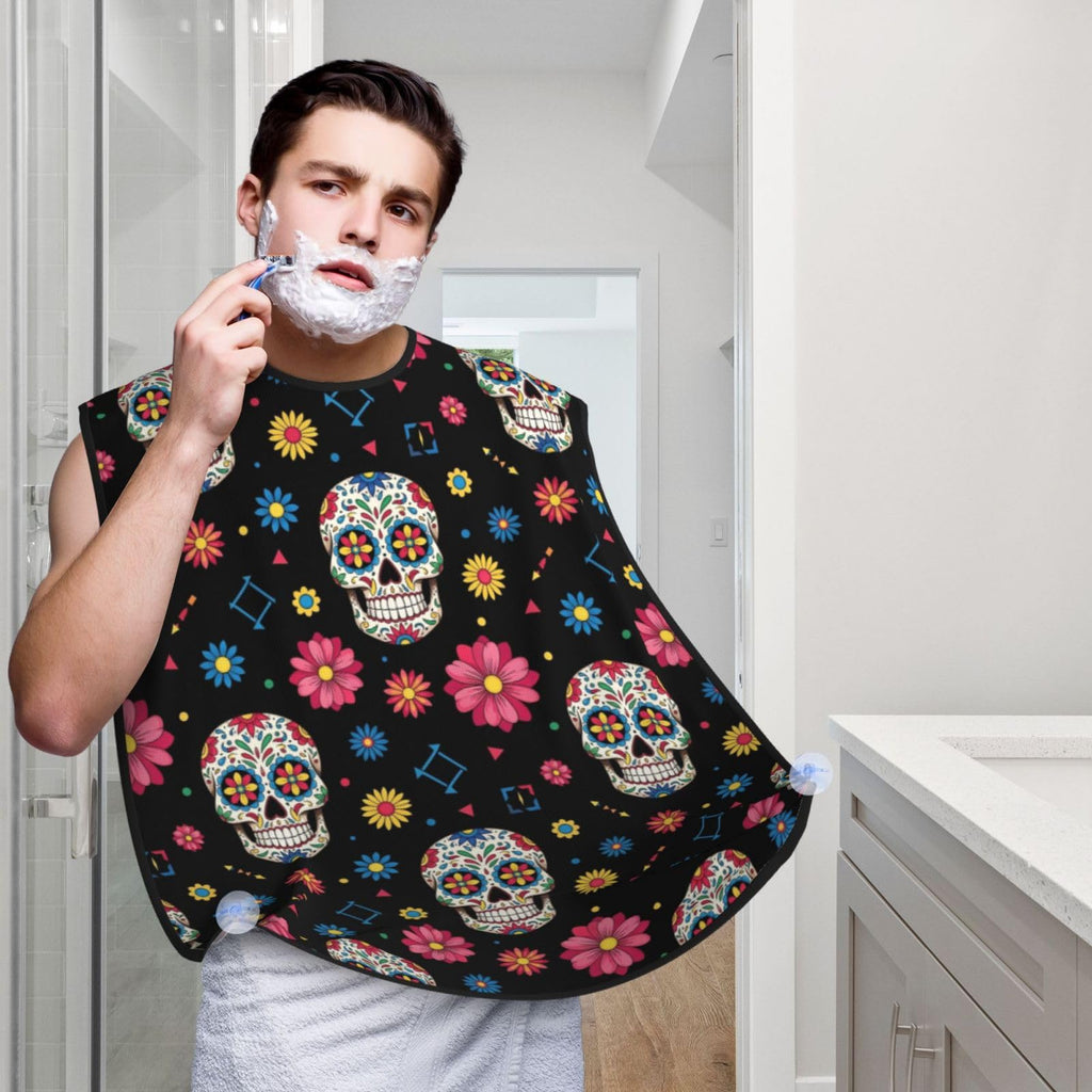 PPIKTC Ultimate Shaving Bib, Beard Trimming Apron with Hair Catcher, Mexican Day of Dead Flower Traditional Sugar Skull
