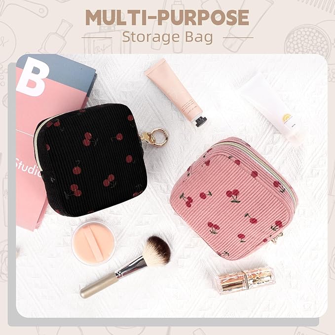 Cute Period Bag for Teen Girls, Corduroy Sanitary Napkin Storage Bag, Menstrual Pad Pouch Tampon Holder for Purse (Cherry-Pink)