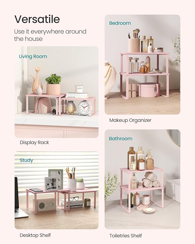 SONGMICS Cabinet Organizer Shelf, Set of 2 Kitchen Counter Shelves, Kitchen Storage, Spice Rack, Stackable, Expandable, Metal and Engineered Wood, 11.7 Inches, Jelly Pink UKCS020S01