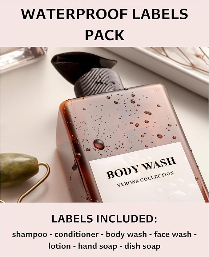 La Via Casa Shampoo and Conditioner Dispenser | 3 Plastic Amber | Shampoo Dispenser with Waterproof Labels | Shower Bottles Refillable with Pump (Without Wall Mount)