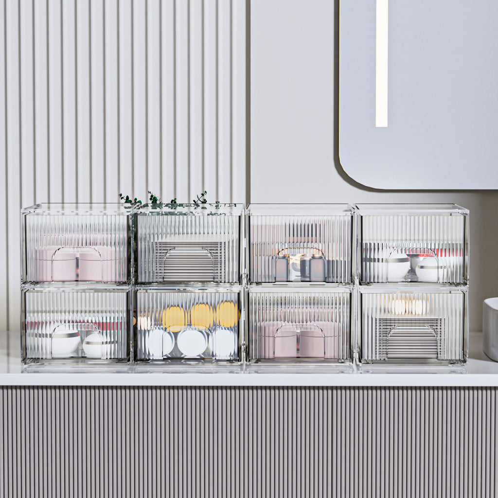 ZHIAI 8 Pack Clear Stackable Storage Drawer, Acrylic Drawer, Cosmetic Organizer, Plastic Organizer for Dresser, Under, Kitchen Cabinet, Pantry, Home Organization and Storage