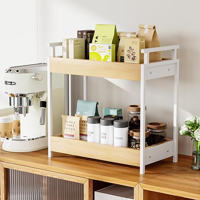KLM Countertop Coffee Station Organizer, 2 Tier Wooden Shelf for Coffee Bar Accessories, Condiment Storage Caddy for Kitchen, Bathroom Counter Organizer, Home, Office - Natural