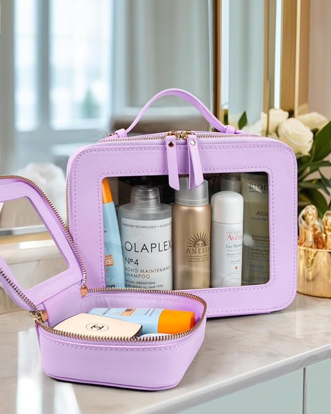 LETGO 2 Pack Clear Travel Toiletry Bag for Women,Large & Mini Waterproof PU TSA Approved Cosmetic Pouches, Portable Beach Vacation Makeup Organizer Set,See Through Skincare Sunscreen Bags for Women