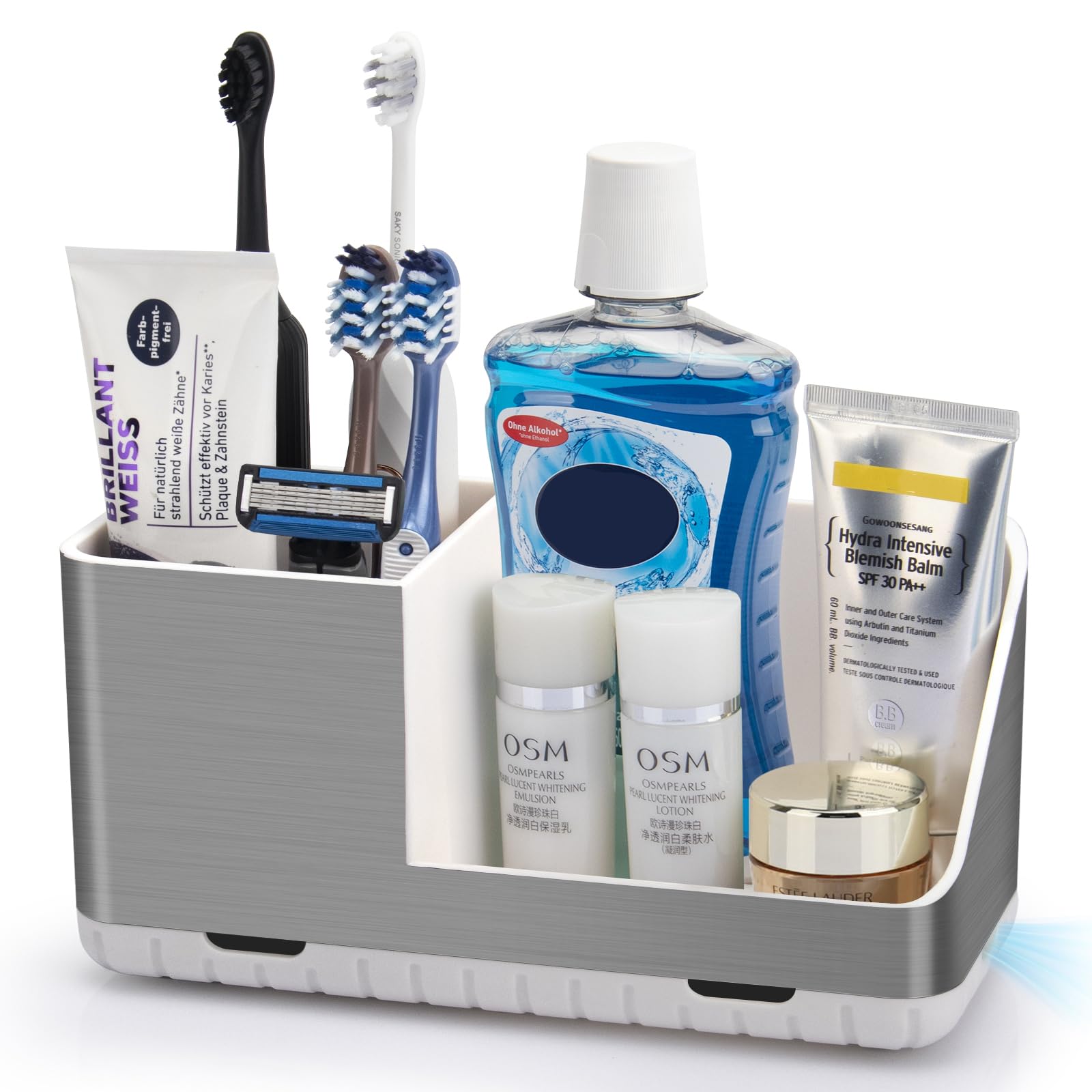 PARKMANI Toothbrush Holders for Bathroom Countertop Organizer, Brushed Nickel Tooth Brush Holder, Kids Electric Toothbrush and Toothpaste Holder with Drainage (Brushed Silver)