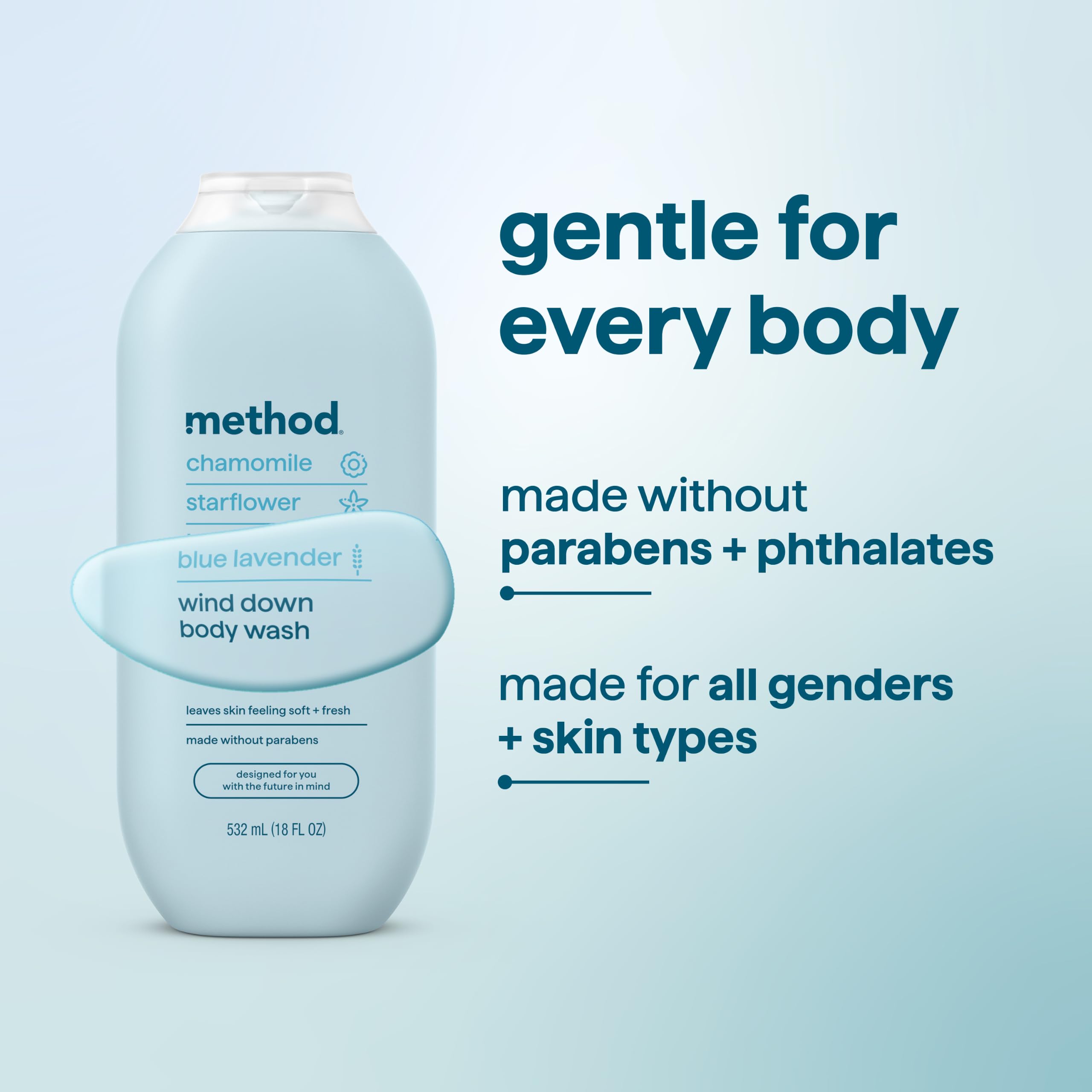 method Body Wash, Wind Down - Leaves Skin Feeling Soft & Moisturized, Made Without Parabens, Notes of Chamomile, Starflower & Blue Lavender, 18 fl oz - 3 pack