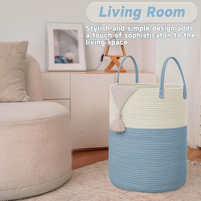 JMvicyroam Large Woven Laundry Basket Hamper,80L Cotton Rope Storage Bin for Blankets,Toys and Clothes,Decorative Tall Nursery Hamper for Living Room,Baby Nursery,Bathroom and Bedroom,White and Blue