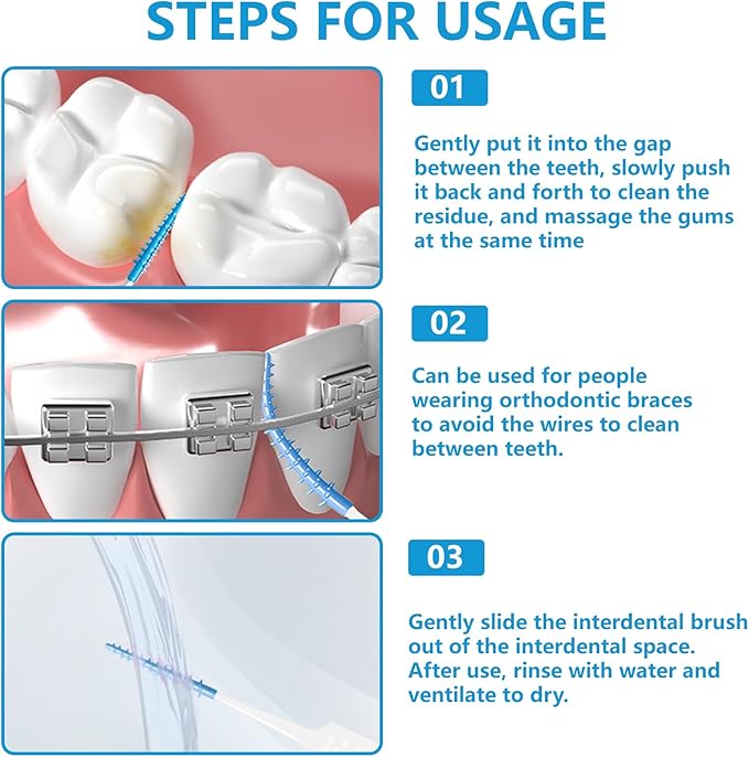 WQINX Dental Floss Picks Soft Silicone interdental Brush, Braces Brush, Floss Picks for Teeth, Disposable interdental Brush, Suitable for Cleaning Teeth Health (Blue, 160pcs)