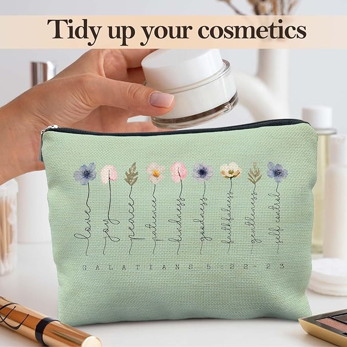 Likjad Christian Gifts Makeup Bag, Floral Christian Cosmetic Bags for Women, Galatians 5:22-23 Bible Verse Makeup Pouch, Faith Based Gifts Zipper Pouch(green)