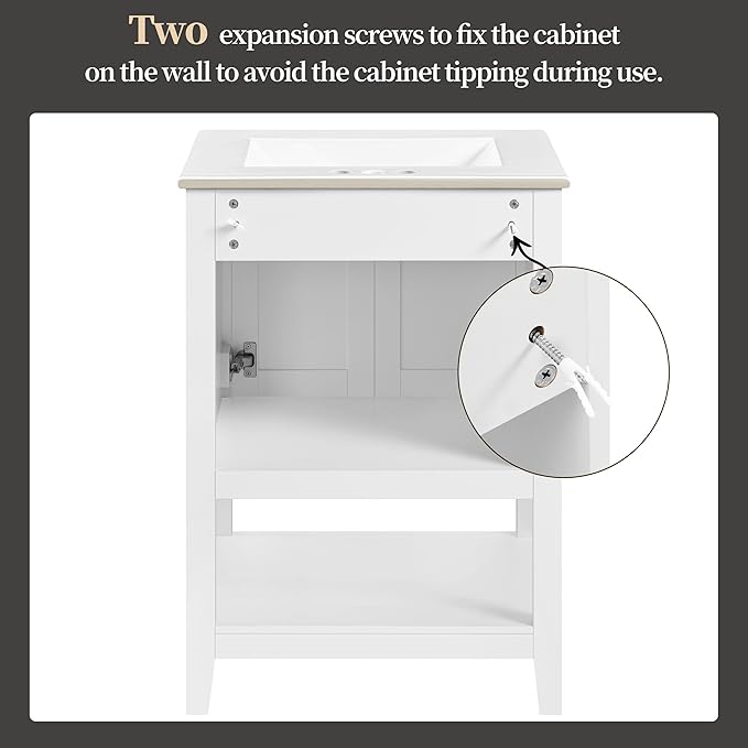 Yaheetech 24" Modern Bathroom Vanity with Sink, Bathroom Sink Cabinet with Rectangular Ceramic Basin, Bathroom Vanities Cabinet with 2 Doors and 1 Open Shelf, White