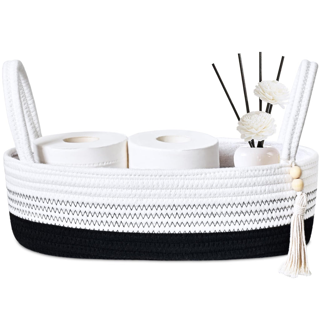 ABenkle Small Storage Basket for Toilet Tank Top - Jute Rope Woven Organizer with Handle, Boho Countertop Bathroom Decor, Toilet Paper Holder, 13x6x4 Inch