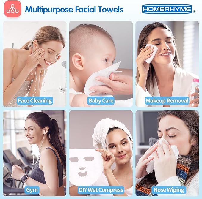 HOMERHYME Facial Towel, 600 Count Face Wipes Makeup Remover Cloth, Bulk Disposable Biodegradable Ultra-Soft & Lint-Free, Unscented All-purpose Washcloth for Travel, Skincare & Personal Cleansing