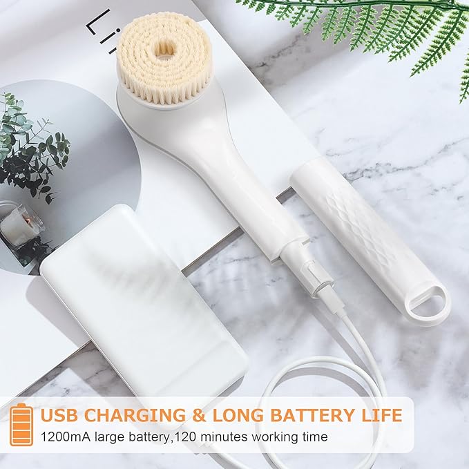 LINGSFIRE Electric Body Brush Rechargeable Back Scrubber for Shower Exfoliating Bath Brush Long Handle for Shower Lotion Applicator for Back Silicone Body Scrubber with 6 Shower Brush Heads