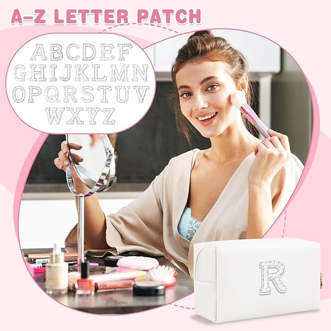 Bride Gifts – Personalized Initial Makeup Bag with Pearl Rhinestone Patch, Preppy White Monogram Cosmetic/Toiletry Pouch, bridesmaid Gifts, Bridal Shower Gifts, Wedding Gifts, Bridal Gifts,R
