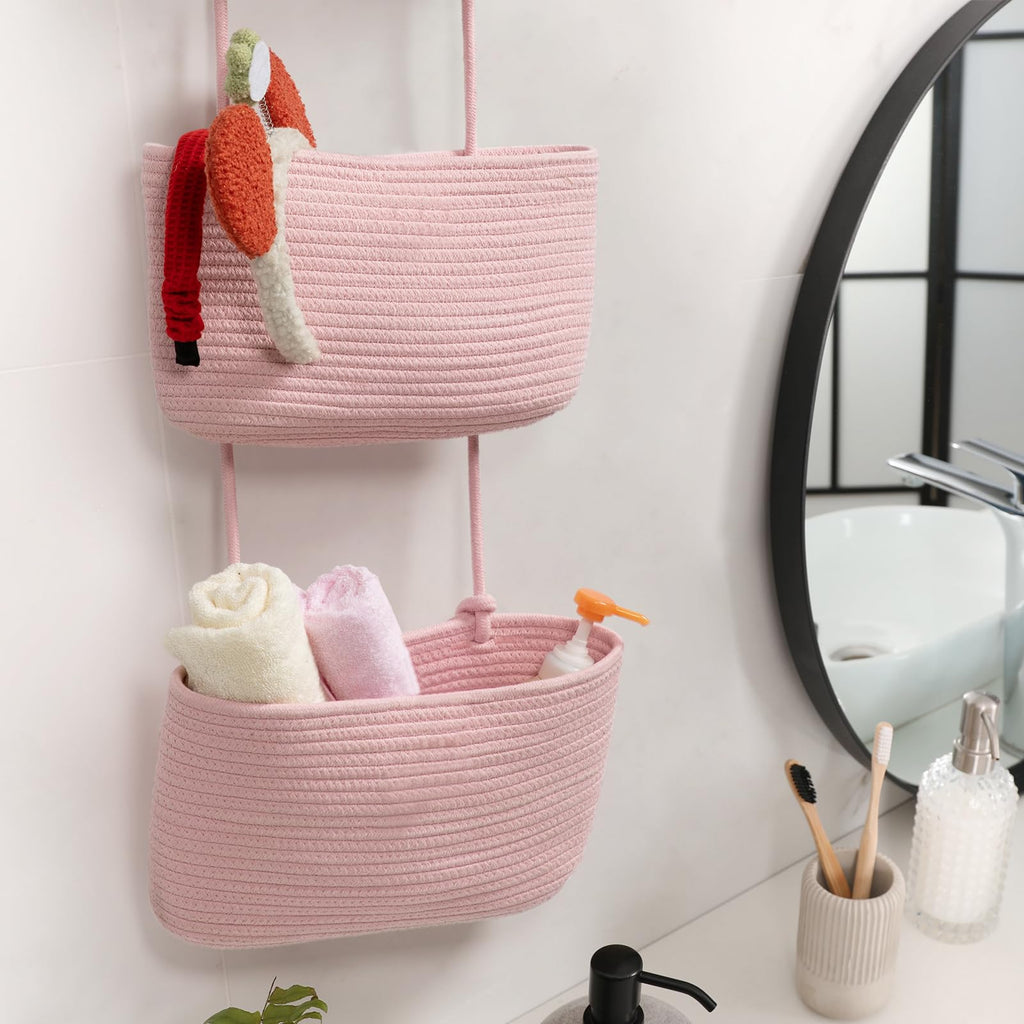 TeoKJ Over the Door Hanging Basket, 3-Tier Woven Cotton Wall-Mounted Storage Organizer Bag Decorative Hanging Nursery Baskets, Pink