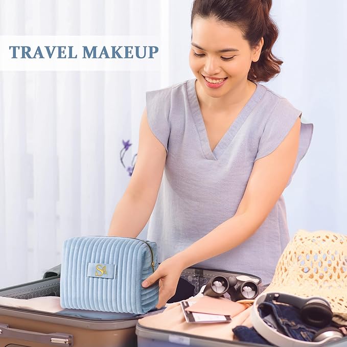 COSHAYSOO Travel Makeup Bag Quilted Make Up Pouch Initial Cosmetic Case with Butterfly Decorations for Women Lipstick Glossier Lipgloss Lip Stain Moisturizer Mascara Eyeliner Organizer Blue Letter P