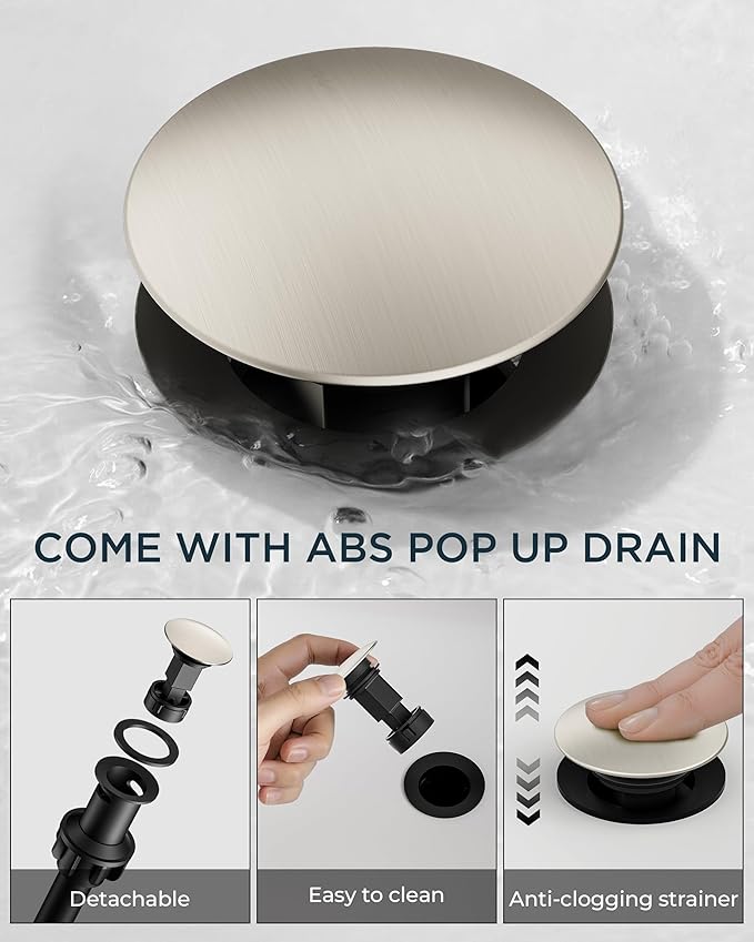FORIOUS Brushed Nickel Bathroom Faucet 3 Hole with Metal Pop Up Drain and 24" Supply Hose, 2 Handle 8 Inch Widespread 3 Hole Vanity Faucet for Bathroom Sink Brush Nickel with 360° Swivel Spout