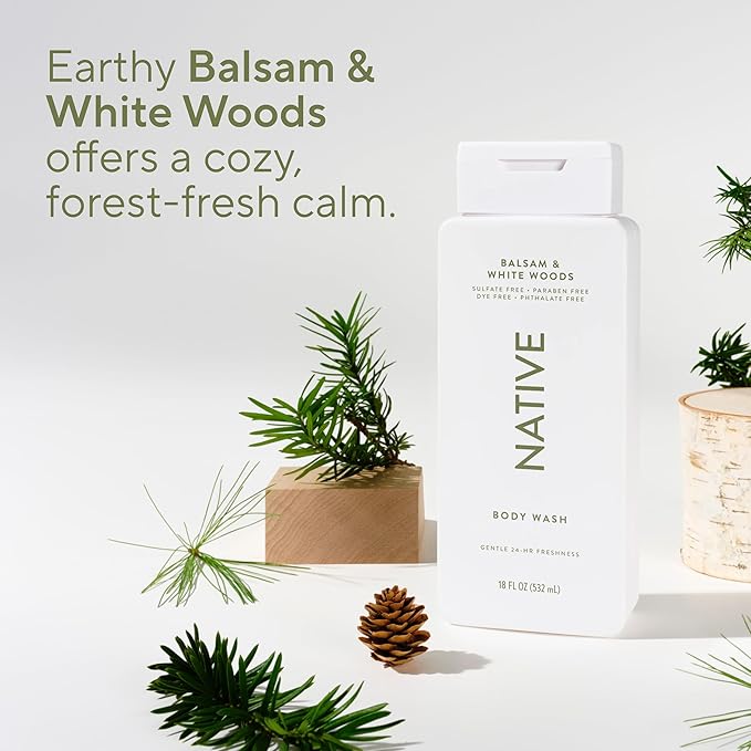 Native Body Wash Contains Naturally Derived Ingredients | For Women & Men, Sulfate, Paraben, & Dye Free Leaving Skin Soft and Hydrated | Balsam & White Woods 18 oz