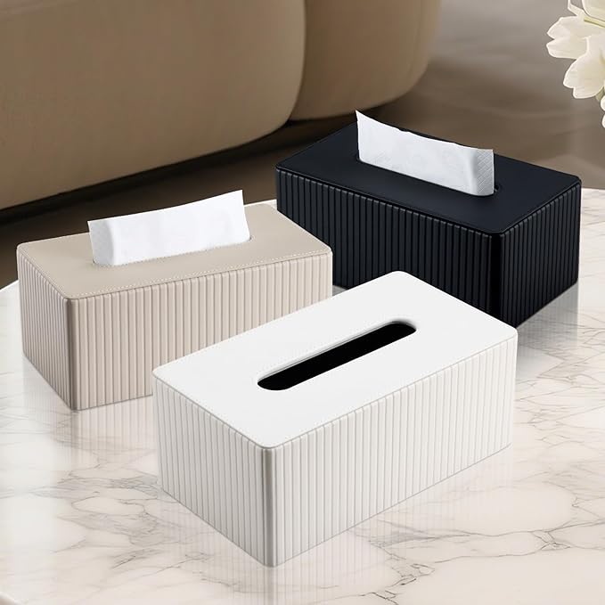 KINGFOM PU Leather Tissue Box Cover Rectangular Tissue Box Holder with Magnetic Bottom, Napkin & Facial Tissue Holder Dispenser for Home, Office for Standard 120-count/160-count (2-Ply) Black Stripe