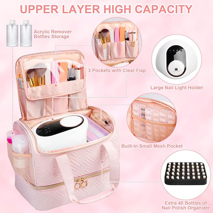 Veirdro Nail Polish Organizer Bag Holds 80 Bottles (15ml/0.5fl.oz)& Nail Lamp, Soft Velvet Nail Kit Storage Carrying Case with Shoulder Strap, Double Layer Nail Supplies Organizer Handbag Women (Pink)