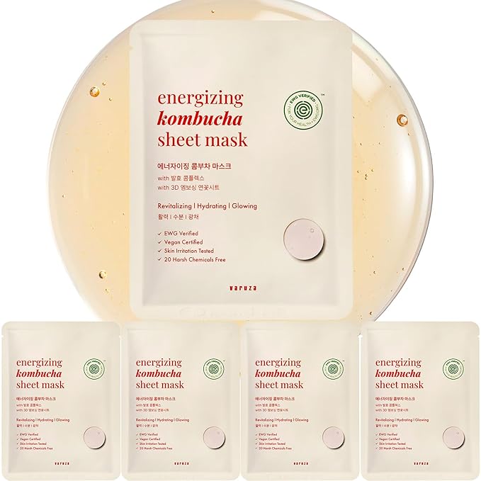 varuza EWG Verified Kombucha Sheet Mask Lyocell 3D Snow Crystal Sheet Fermented Bifida 20 Harsh Chemicals Free Clean & Radiant Skin 5 Count