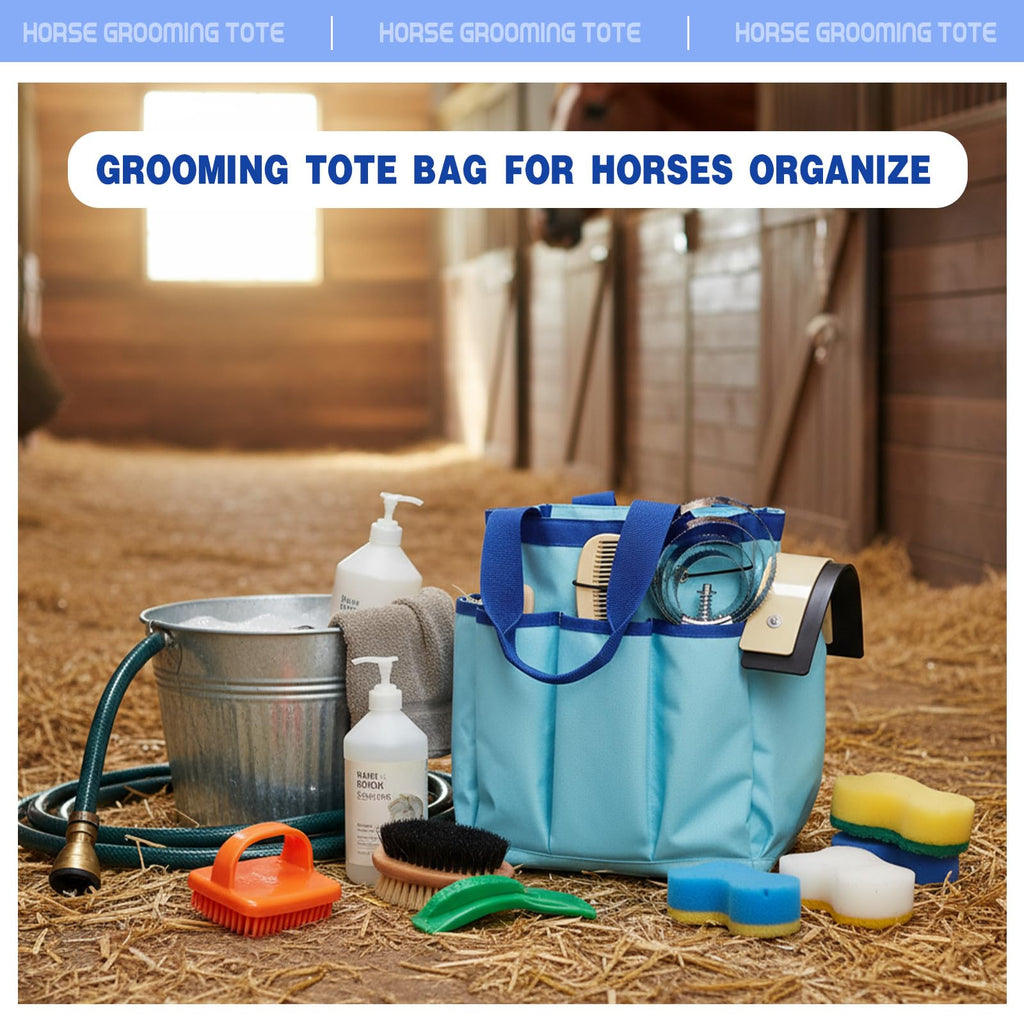 Abbylike Grooming Tote Bag for Horses and Dogs Organize Tack Tools Equestrian Grooming Kit Care Portable with Multiple Pockets for Supplies(Vintage,15 x 12 x 5.5 Inches,Blue)
