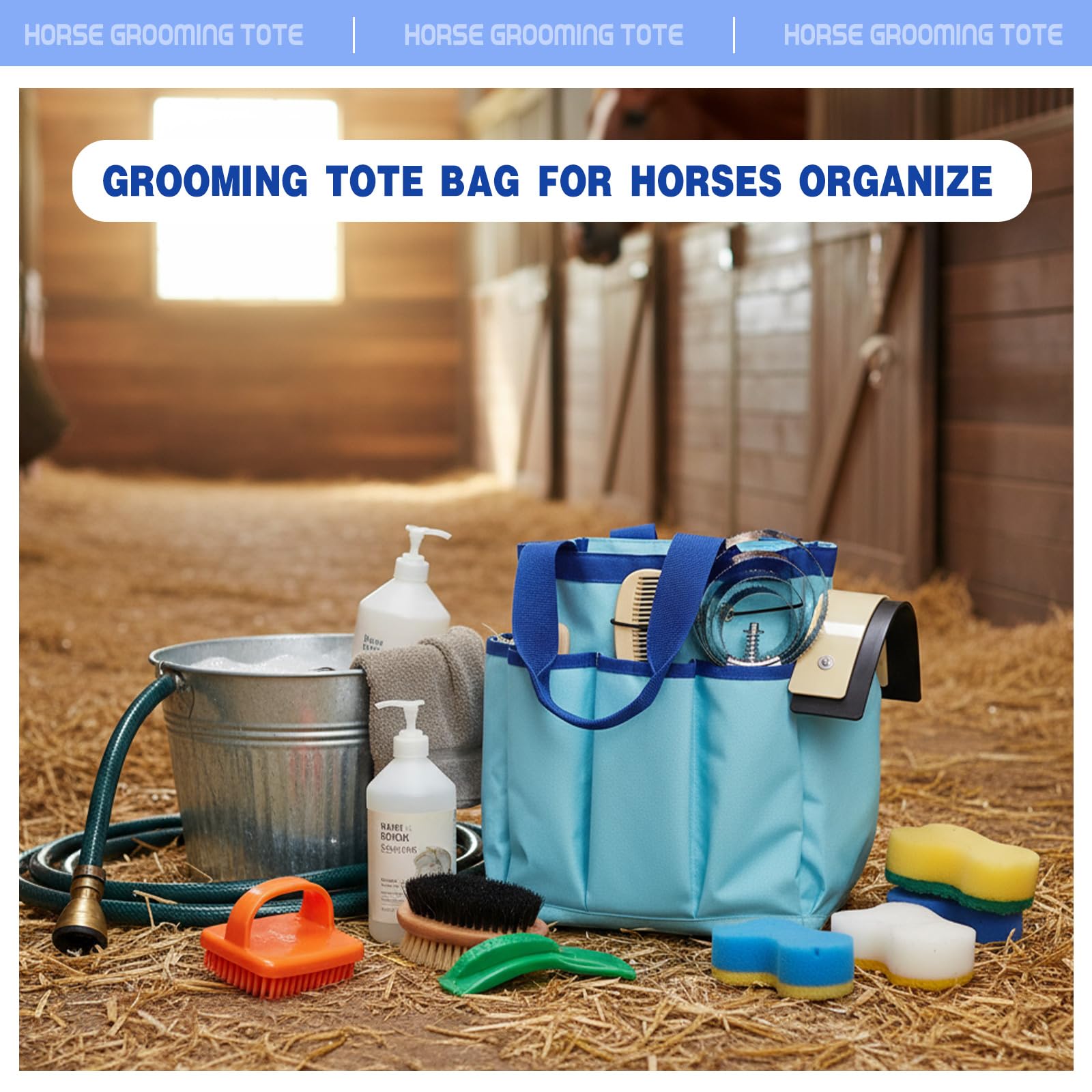 Abbylike Grooming Tote Bag for Horses and Dogs Organize Tack Tools Equestrian Grooming Kit Care Portable with Multiple Pockets for Supplies(Vintage,15 x 12 x 5.5 Inches,Blue)