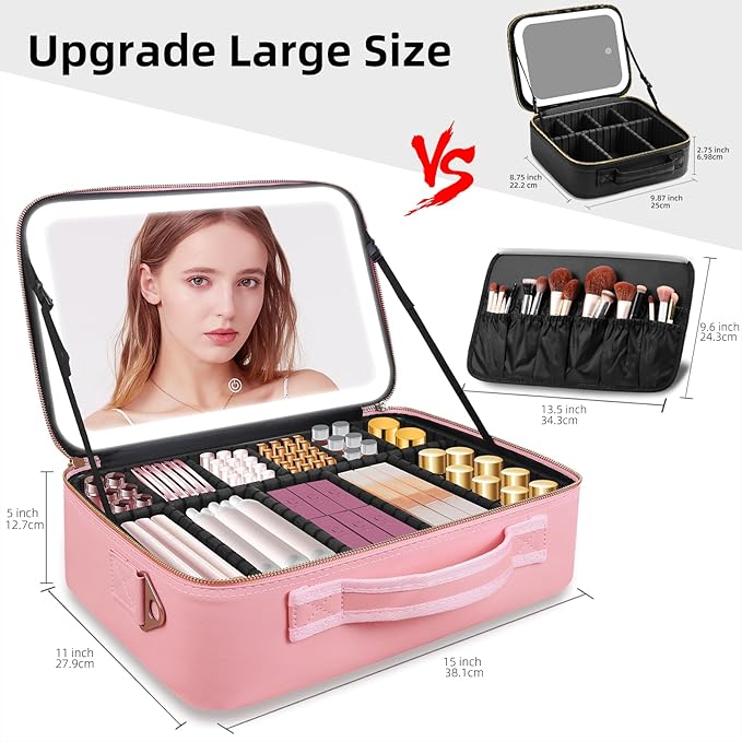 Suupvaor Upgraded Large Travel Makeup Bag with LED Mirror, 15” Makeup Case