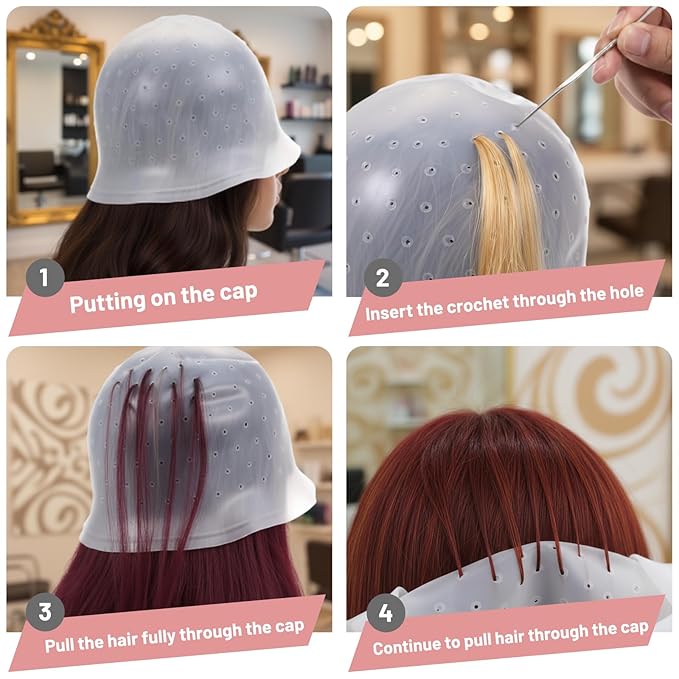 4Pcs Hair Highlighting Cap Set, Highlight Caps for Hair, Hair Dye Cap Suitable for DIY Home Hairstylist, Professional Salon Stylist