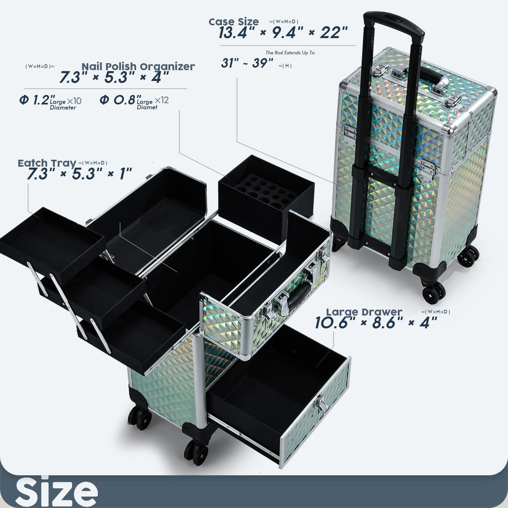 Hododou Blue Rolling Makeup Case with Drawer Travel Trolley Cosmetology Case on Wheel Makeup Storage Salon Barber Case Traveling Cart Trunk for Cosmetologist Nail Tech Hairstylist