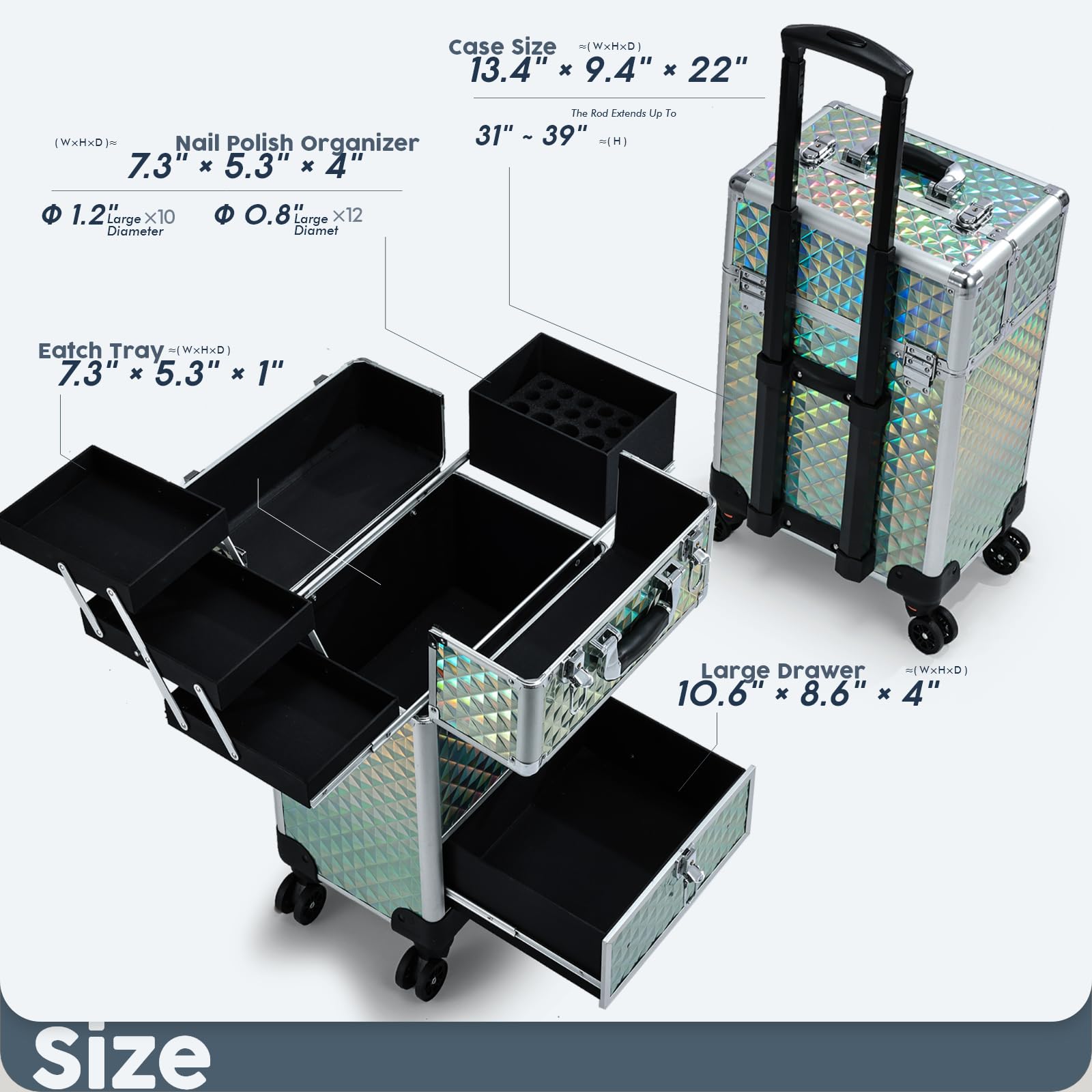 Hododou Blue Rolling Makeup Case with Drawer Travel Trolley Cosmetology Case on Wheel Makeup Storage Salon Barber Case Traveling Cart Trunk for Cosmetologist Nail Tech Hairstylist