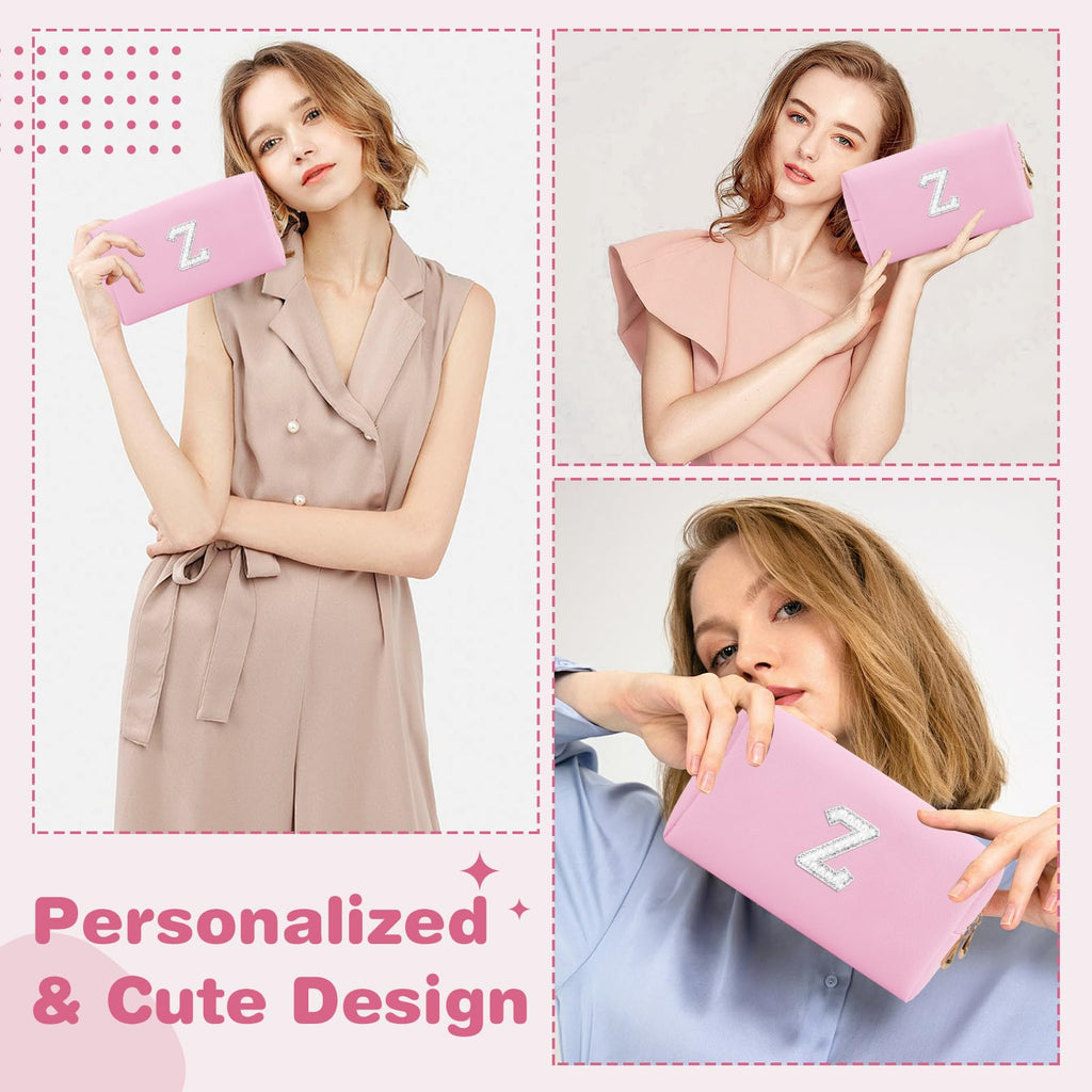 ChaoGreat Bride Gifts – Personalized Initial Makeup Bag with Pearl Rhinestone Patch, Preppy Pink Monogram Cosmetic/Toiletry Pouch, bridesmaid Gifts, Bridal Shower Gifts, Wedding Gifts, Bridal Gifts,Z