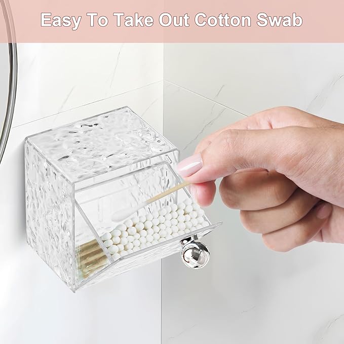 IWNTWY Qtip Holder Dispenser, Wall Mounted Plastic Cotton Pad Holder, Cotton Ball, Swabs, Floss, Makeup Organizers Containers for Vanity Bathroom (Clear, 4 Pcs)