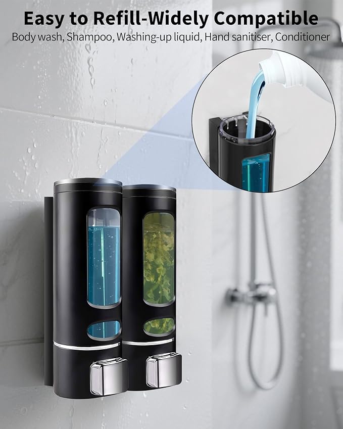 Shampoo and Conditioner Dispenser - 800ML Wall-Mounted Shower Shampoo Dispenser No Drill Body Wash Soap Dispenser for Shower, Bathroom, Hotel (2 Chamber)