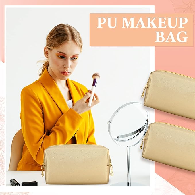 Kigeli Aesthetic Makeup Bags PU Leather Cosmetic Pouches Waterproof Plain Toiletry Bags Makeup Pouches Bulk for Women Party Gift Travel Storage Organizer(Champaign Gold,7.1 x 2.8 x 4.3 in)
