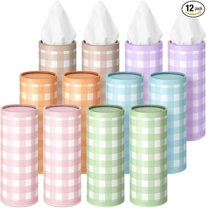 Fourluoo 12 Pack Spring Tissue Boxes for Car Cylinder Bulk Colorful Plaid Round Cylinder Holder with 3 Ply Facial Tissues for Spring Easter Travel Bathroom Office Decoration Supplies