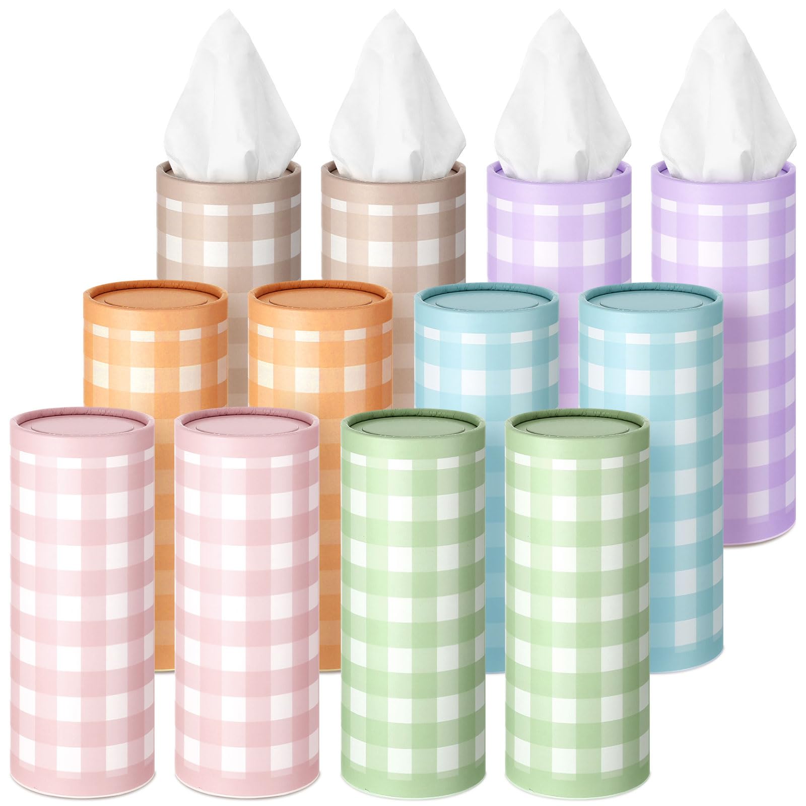 Fourluoo 12 Pack Spring Tissue Boxes for Car Cylinder Bulk Colorful Plaid Round Cylinder Holder with 3 Ply Facial Tissues for Spring Easter Travel Bathroom Office Decoration Supplies