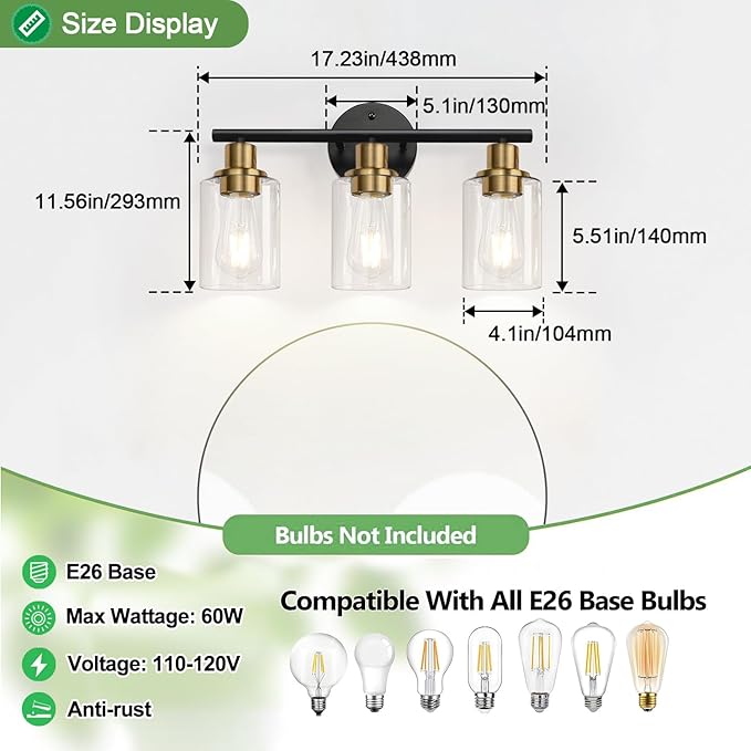 Zarbitta 3-Light Bathroom Light Fixtures, Black and Gold Bathroom Wall Lights, Modern Vanity Light with Clear Glass Shade, Bathroom Wall Lamp for Mirror Kitchen Bedroom Hallway Cabinet