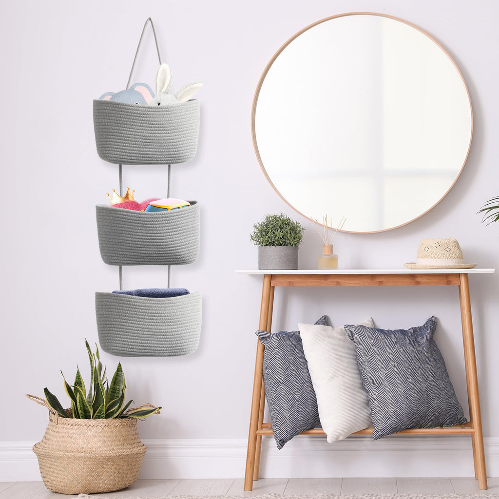 TeoKJ Over the Door Hanging Basket, 3-Tier Woven Cotton Wall-Mounted Storage Organizer Bag Decorative Hanging Nursery Baskets, Gray