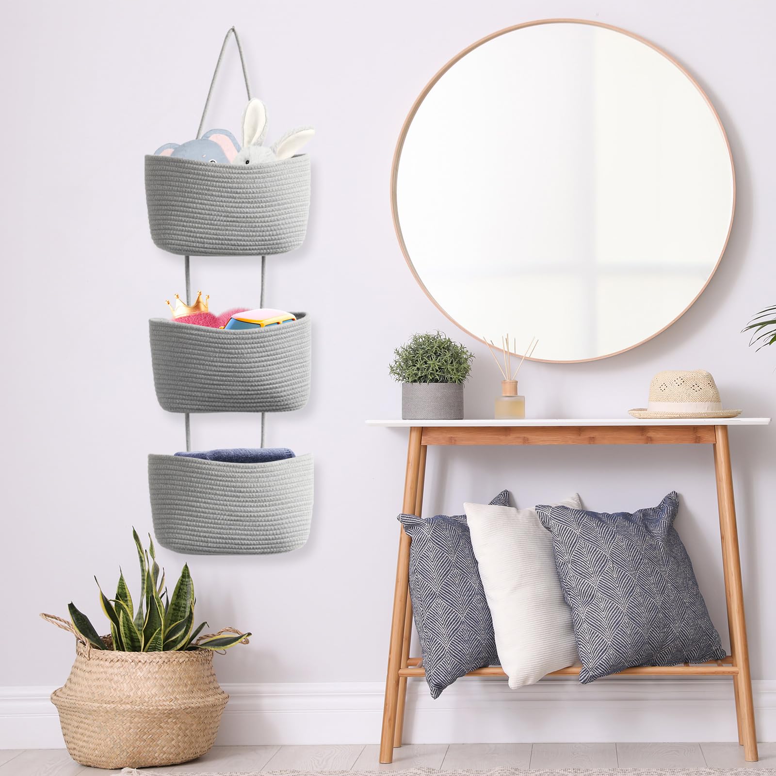TeoKJ Over the Door Hanging Basket, 3-Tier Woven Cotton Wall-Mounted Storage Organizer Bag Decorative Hanging Nursery Baskets, Gray