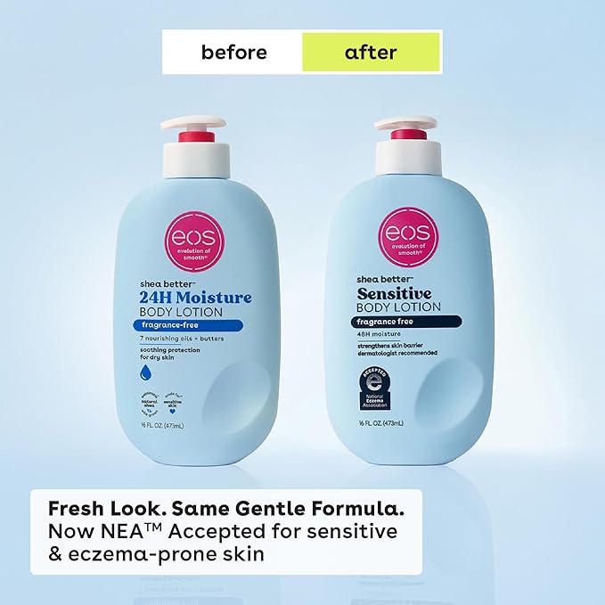 eos Shea Better Sensitive Skin Body Lotion - Fragrance-Free, 48-Hour Moisture Eczema Cream & Dry Skin Relief, Vegan, 16 fl oz (Packaging may vary)