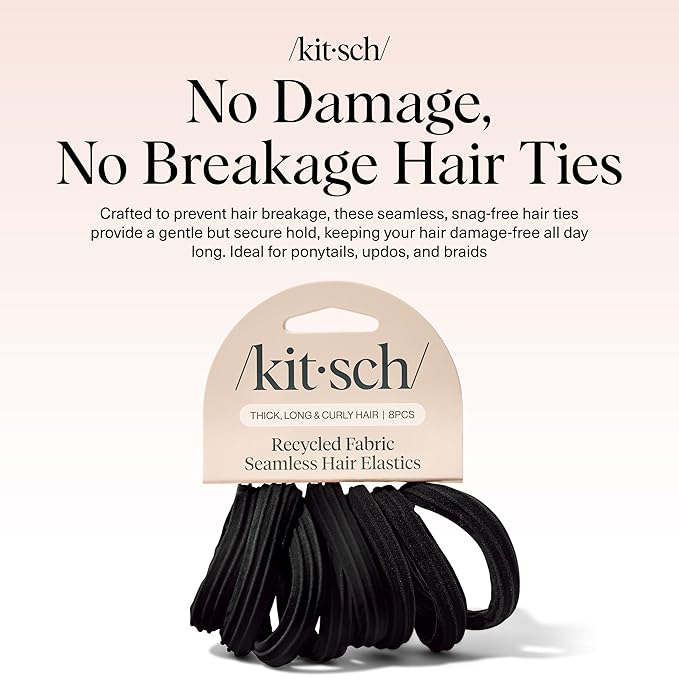Kitsch Seamless Hair Ties No Damage - Stretchable Hair Bands for Strong All-Day Hold, Ponytail Holders | Hair Accessories for Girls - Black 8 Pcs