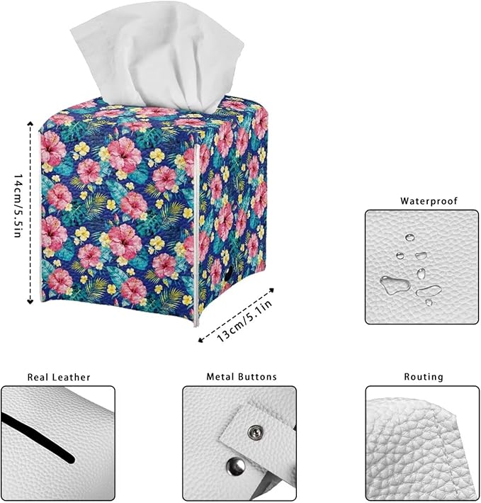 Tropical Flowers Tissue Box Cover, PU Leather Square Tissue Holder with Secure Metal Button, Waterproof and Stylish Napkin Dispenser for Home, Office, Car, and Bathroom Decor