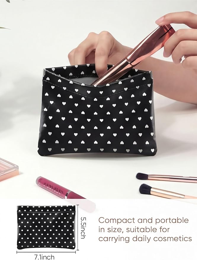 Ksriylm Dots Leather Makeup Pouch Set for Women Small Make Up Bag for Purse Waterproof Initial Makeup Cosmetic Bags Pouches for Purse Aesthetic Travel Toiletry Bag,Heart Black