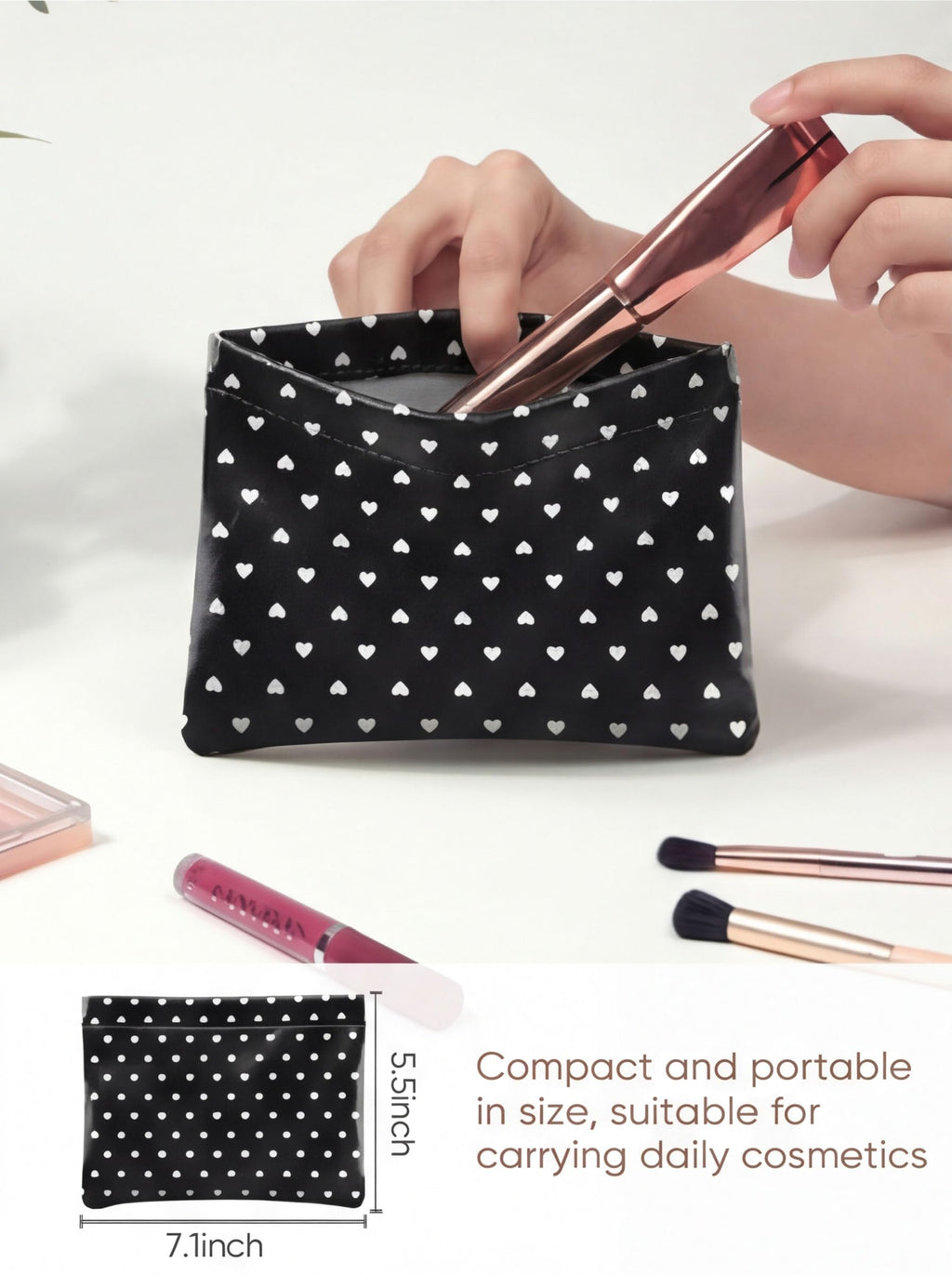 Ksriylm Dots Leather Makeup Pouch Set for Women Small Make Up Bag for Purse Waterproof Initial Makeup Cosmetic Bags Pouches for Purse Aesthetic Travel Toiletry Bag,Heart Black