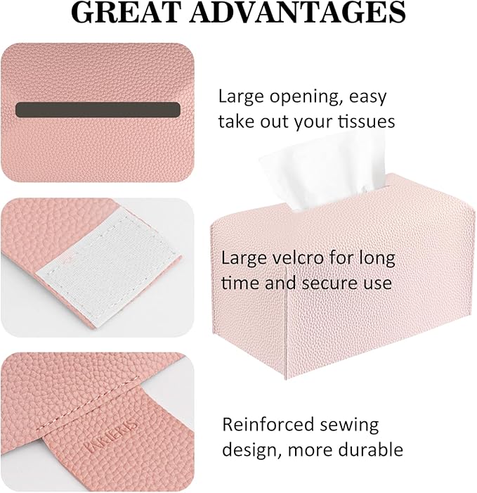 PARIERIS Tissue Box Cover PU Leather Tissue Holder Rectangle Facial Tissue Case Tissue Box Organizer Dispenser for Bathroom, Kitchen, Home, Office, Tabletop (SoftPink, Tall)